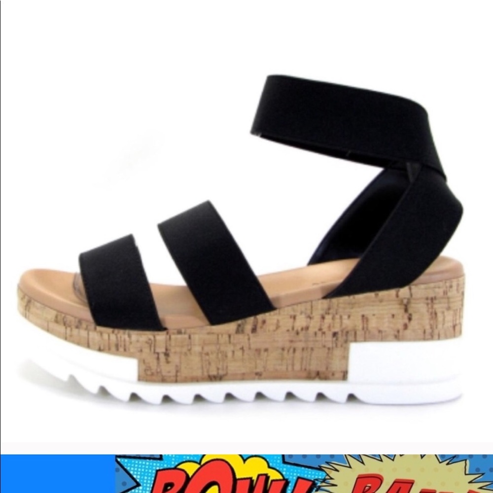 Black Elastic Ankle Strap Cork Wedge Sandal